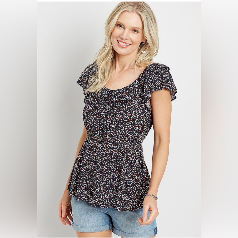 Maurice’s Navy Daisy Flutter Sleeve Blouse